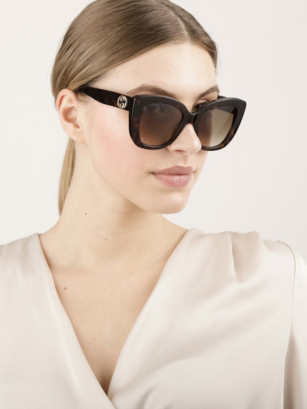 Gucci GG0327S 002 Sunglasses Havana Cat Eye Frame, Brown Lenses